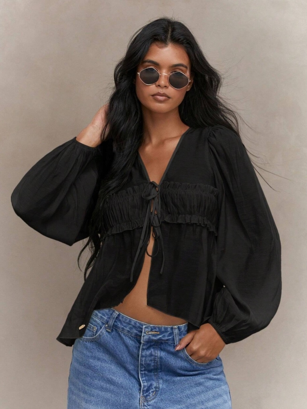 Missguided Black Tie-Front Sheer Blouse